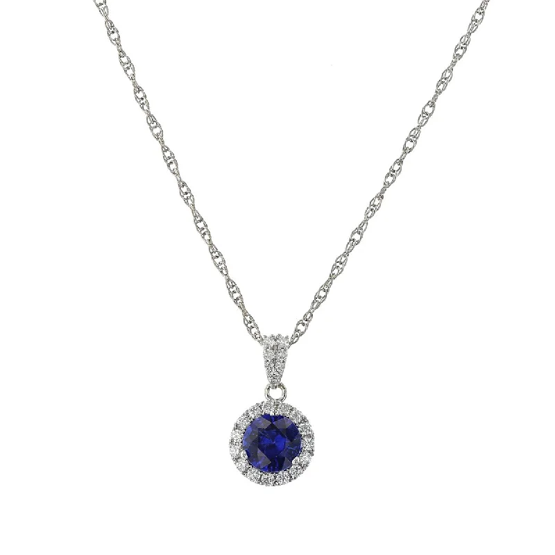 Women’s chain necklace-14K White Gold Sapphire and Diamond Halo Pendant