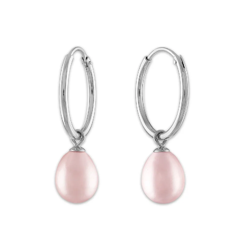 Women’s heart-shaped earrings-Round Pearl Hoop Drop & Dangle 6-7.5MM Pink Earrings in Rhodium Plated Sterling Silver