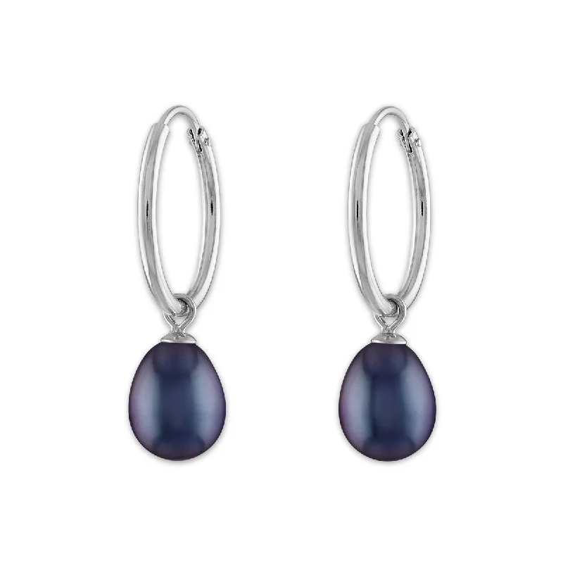 Women’s modern earrings-Round Pearl Hoop Drop & Dangle 6-7.5MM Black Earrings in Rhodium Plated Sterling Silver