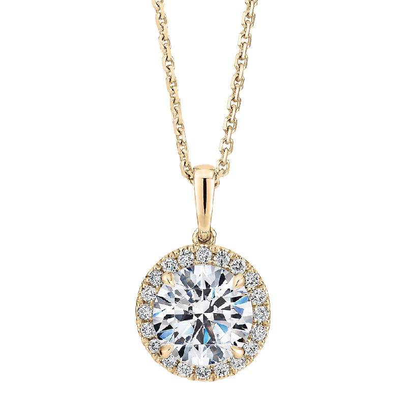 Women’s long gold necklace-Premium Certified Lab-Grown Diamond, 1.66 carat TW round brilliant halo pendant in 18 carat yellow gold