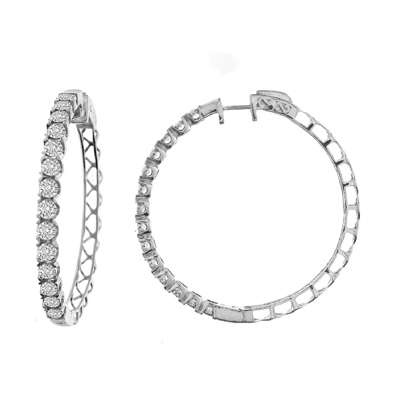 Women’s long earrings-LADIES HOOP EARRINGS 1.50CT ROUND DIAMOND 10K WHITE GOLD