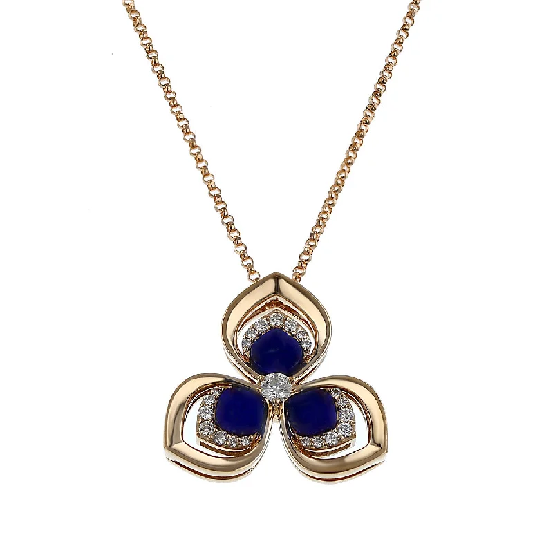 Women’s fashionable necklace-18K Rose 3 Petal Lapis Diamond Pendant with Chain