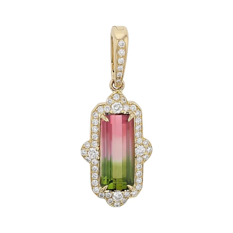 Women’s adjustable necklace-Emerald-cut Watermelon Tourmaline and Diamond Pendant