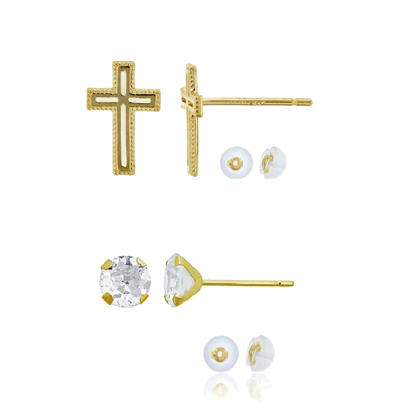 Women’s contemporary earrings-14KT Yellow Gold 6MM Round Cubic Zirconia Cross Stud 2-Pair Earrings