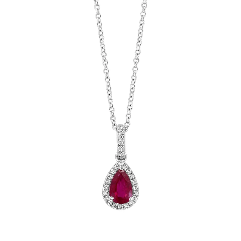 Women’s butterfly necklace-Pear Shape Ruby and Diamond Pendant, 14K White Gold