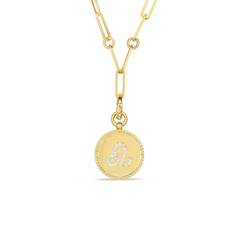 Women’s gemstone chain necklace-18K Diamond Leo Zodiac Medallion Pendant with Coin Edge on Paper Clip Chain