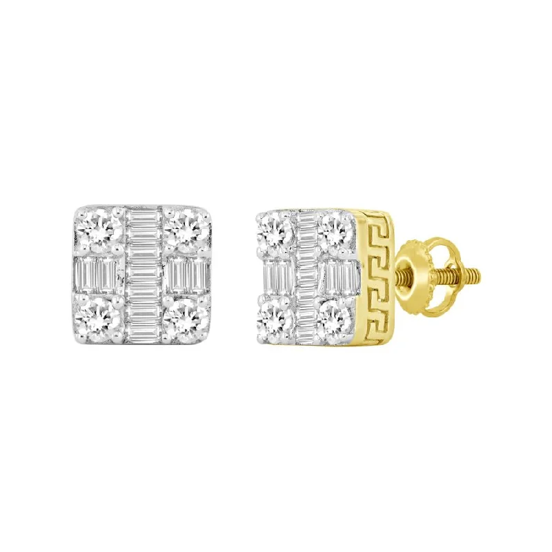 Women’s handmade earrings-LADIES EARRINGS 1.00CT ROUND/BAGUETTE DIAMOND 10K YELLOW GOLD