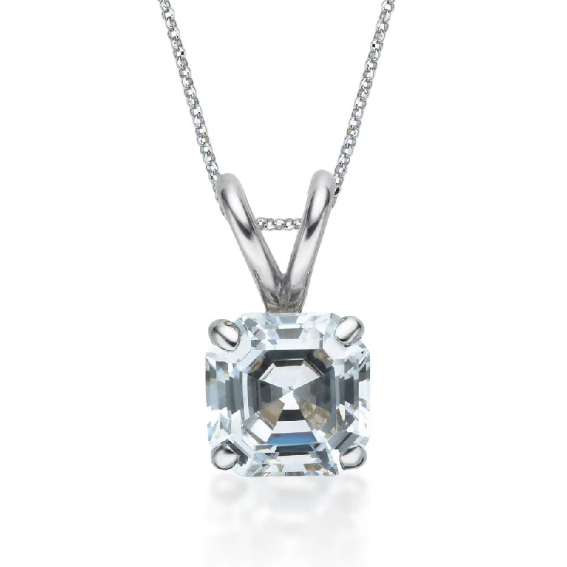 Women’s luxury diamond necklace-Asscher solitaire pendant with 2 carat* diamond simulant in 10 carat white gold