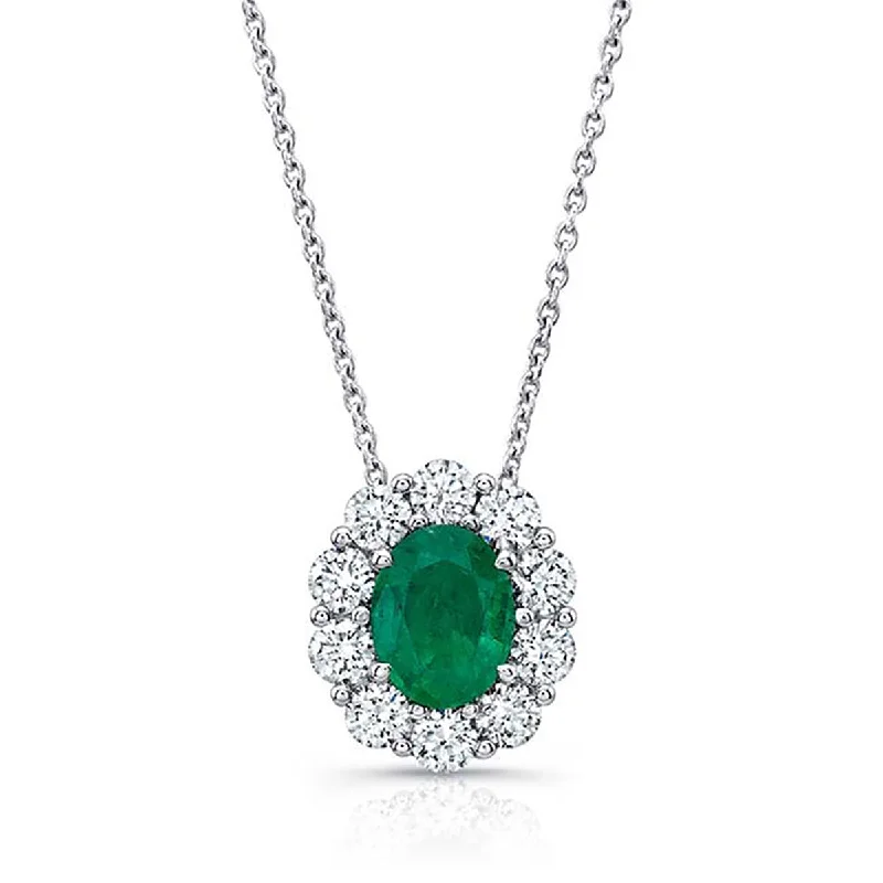 Women’s fine necklace-Emerald Diamond Pendant in 18K White Gold