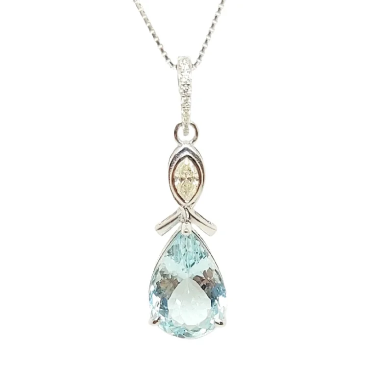 Women’s dainty necklace-Pear Shaped Aquamarine and marquise-cut Diamond Pendant (AD NO. 2905)