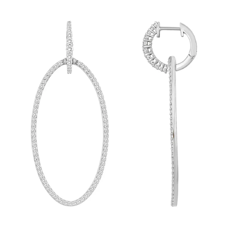 Women’s textured earrings-LADIES HOOP EARRINGS 1.25CT ROUND DIAMOND 14K WHITE GOLD