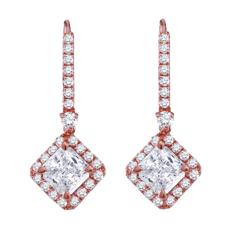 Women’s fashion stud earrings-14KT Rose Gold Plated Sterling Silver Princess Cut Cubic Zirconia Leverback Earrings