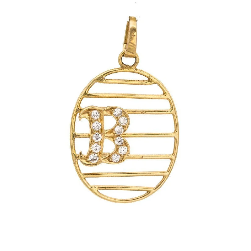 Women’s layering necklace-0.11CT Diamond "B" Pendant Set in 18K Yellow Gold W/Oval Frame & Line Accents