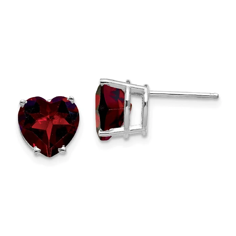 Women’s handmade earrings-8MM Heart Shape Garnet Stud Earrings in 14KT White Gold