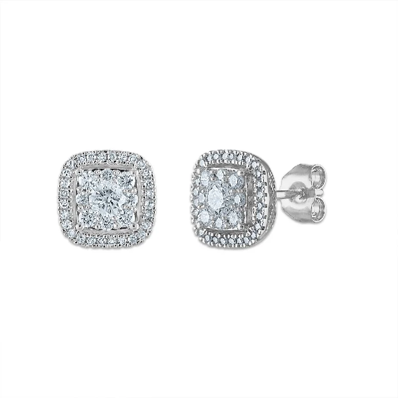 Women’s hoop earrings-Signature 3/4 CTW Diamond Halo Stud Cushion Earrings in 14KT White Gold