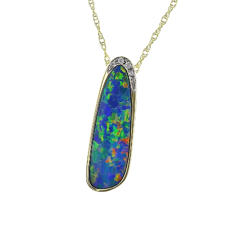 Women’s sapphire pendant necklace-14K Yellow Gold Opal Pendant with Diamonds