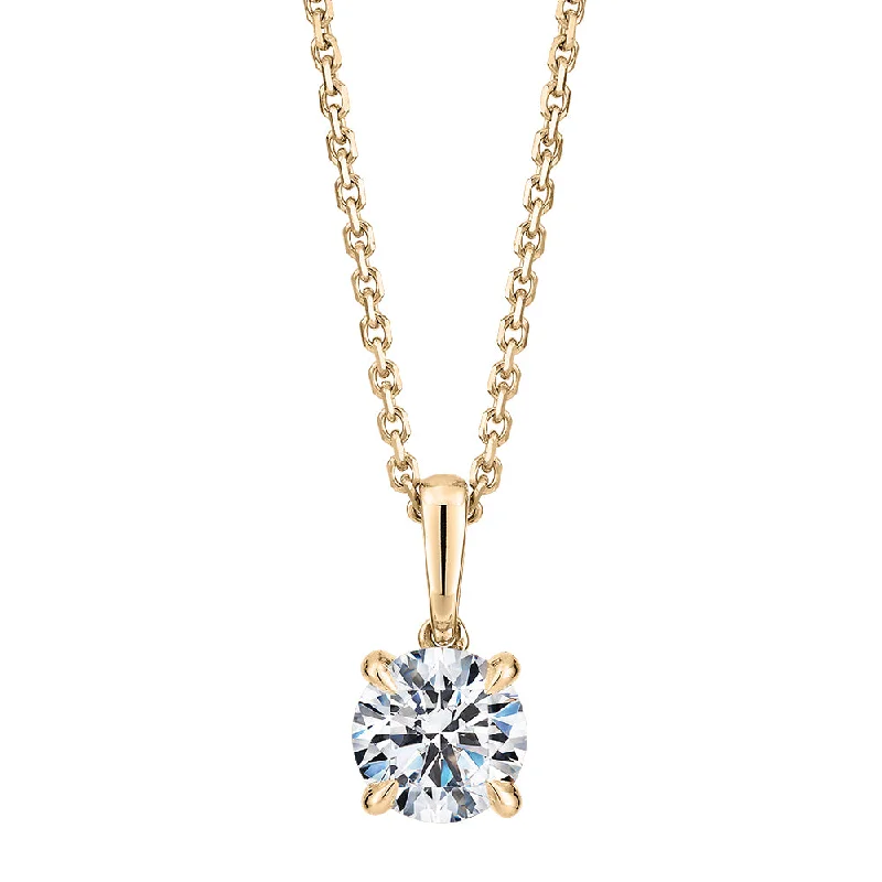 Women’s double-chain necklace-Signature Simulant Diamond 0.70 carat* round brilliant solitaire pendant in 14 carat yellow gold