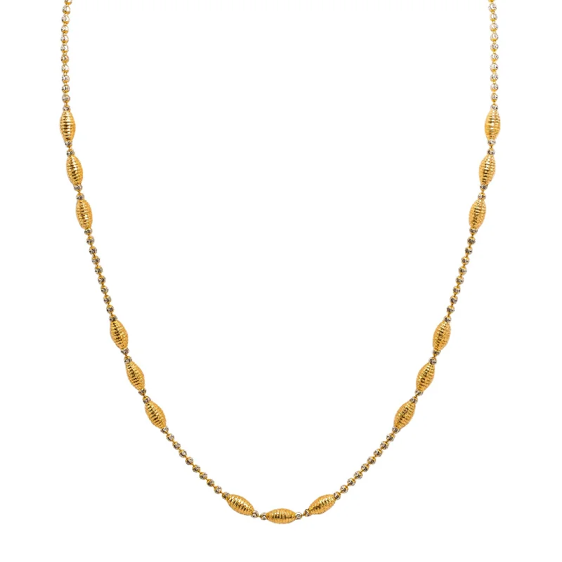 Women’s crystal pendant necklace-22K Multi Tone Gold Ball Chain W/ Stripe Texture Yellow Gold Bicone Beads