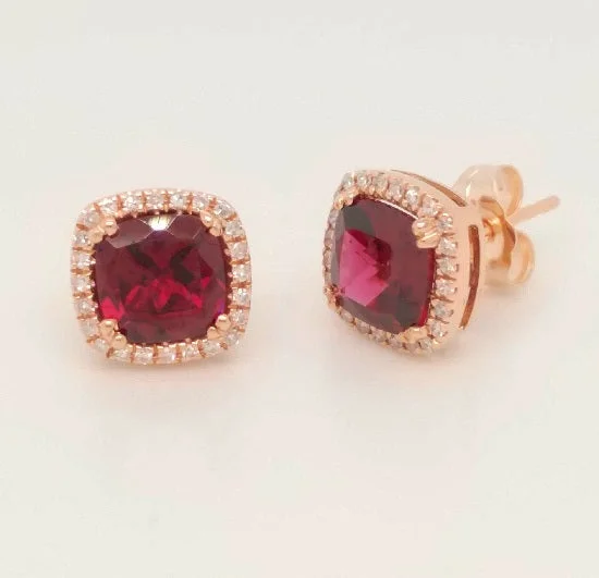 Women’s stylish earrings-6MM Cushion Rhodolite Garnet and Diamond Halo Stud Earrings in 14KT Rose Gold