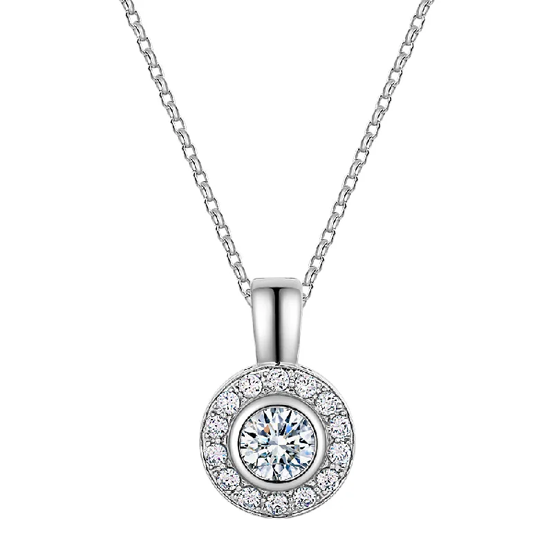 Women’s luxury diamond necklace-Halo pendant with 1.45 carats* of diamond simulants in 10 carat white gold