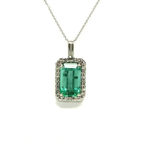 Women’s modern necklace-Emerald And Diamond Halo Pendant Ad No.0718