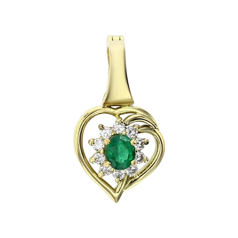 Women’s gold necklace-14K Yellow Gold Emerald and Diamond Halo Pendant