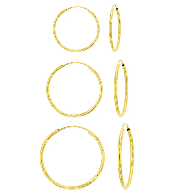 Women’s minimalist earrings-14KT Yellow Gold 1MM Wide 3-Pair 10MM, 12MM & 14MM Hoop Earrings