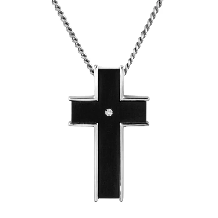 Women’s bridal engagement ring-Stainless Steel Black Titanium & .005pt Diamond Steel Cross on 24" Chain