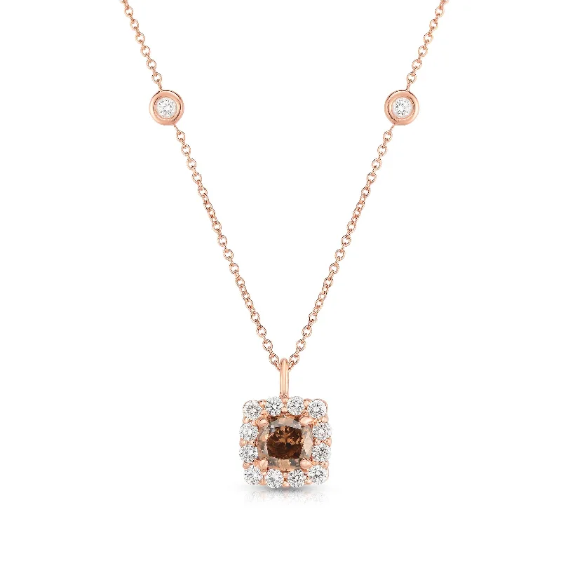 Women’s trendy necklace-Fancy Brown Diamond Pendant with Halo, 14K Rose Gold