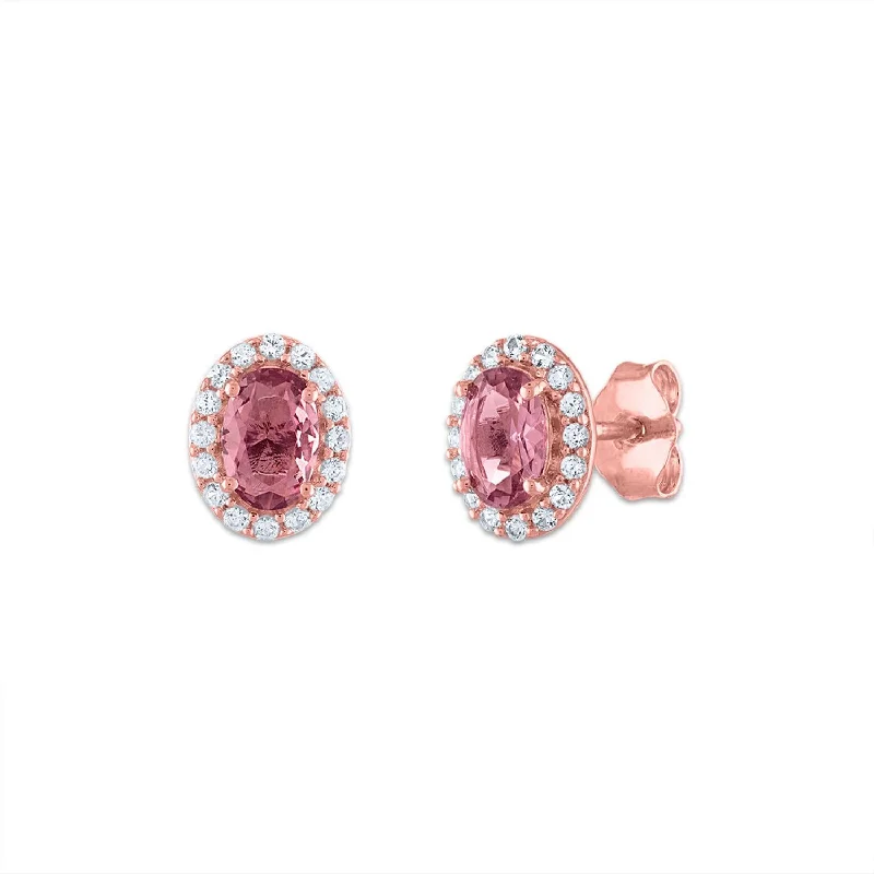 Women’s trendy earrings-6X4MM Oval Alexandrite and Sapphire Birthstone Halo Stud Earrings in 10KT Rose Gold