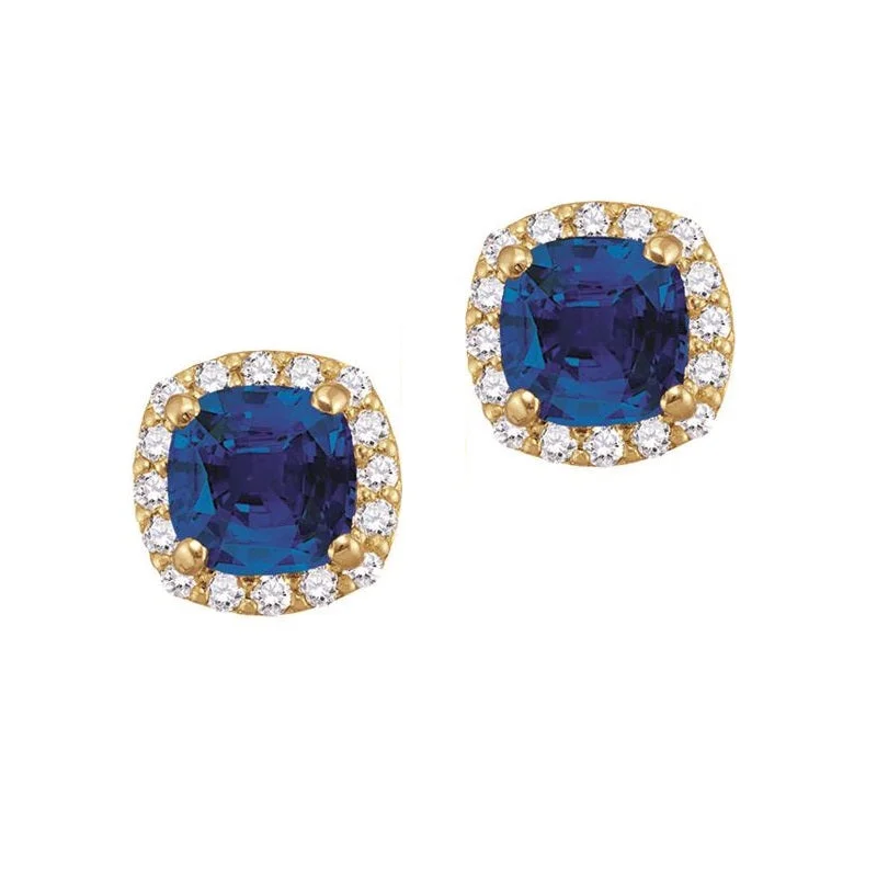 Women’s oval earrings-5MM Cushion Blue Sapphire and White Sapphire Birthstone Halo Stud Earrings in 10KT Yellow Gold