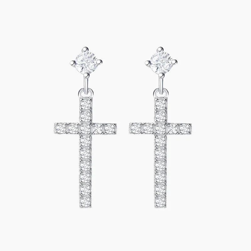 Women’s silver earrings-Small Little Cute Dangle Drop Cross Earrings