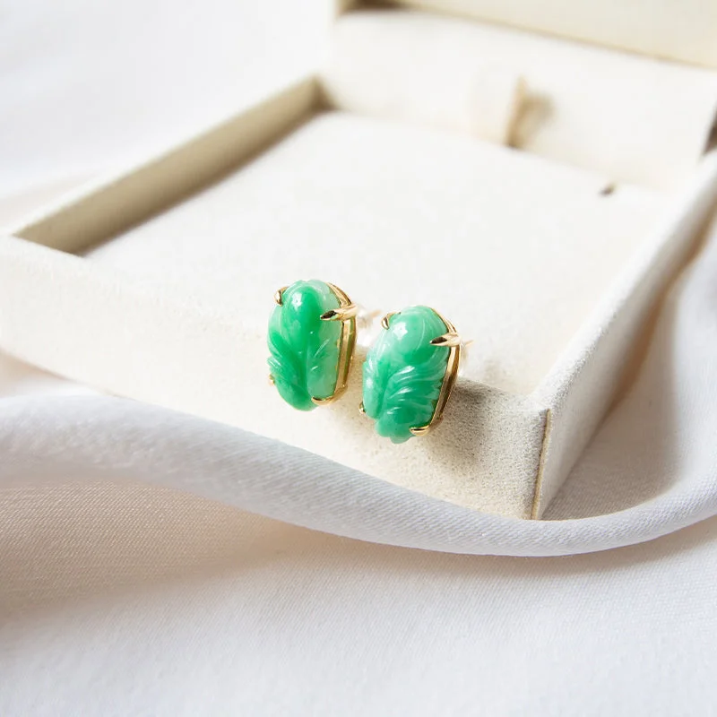 Women’s classy earrings-Vintage Carved Jade 14K Gold Studs