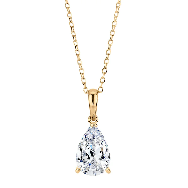 Women’s round pendant necklace-Pear and Round Briliant solitaire pendant with 1.4 carats* of diamond simulants in 10 carat yellow gold