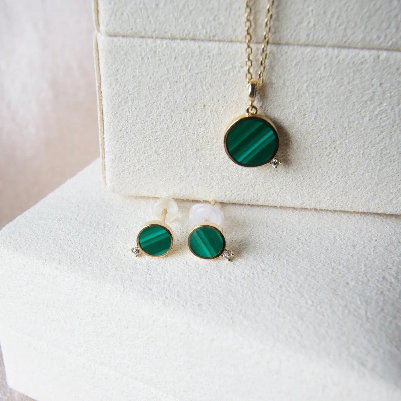 Women’s heirloom earrings-Malachite Circle & Diamond Studs