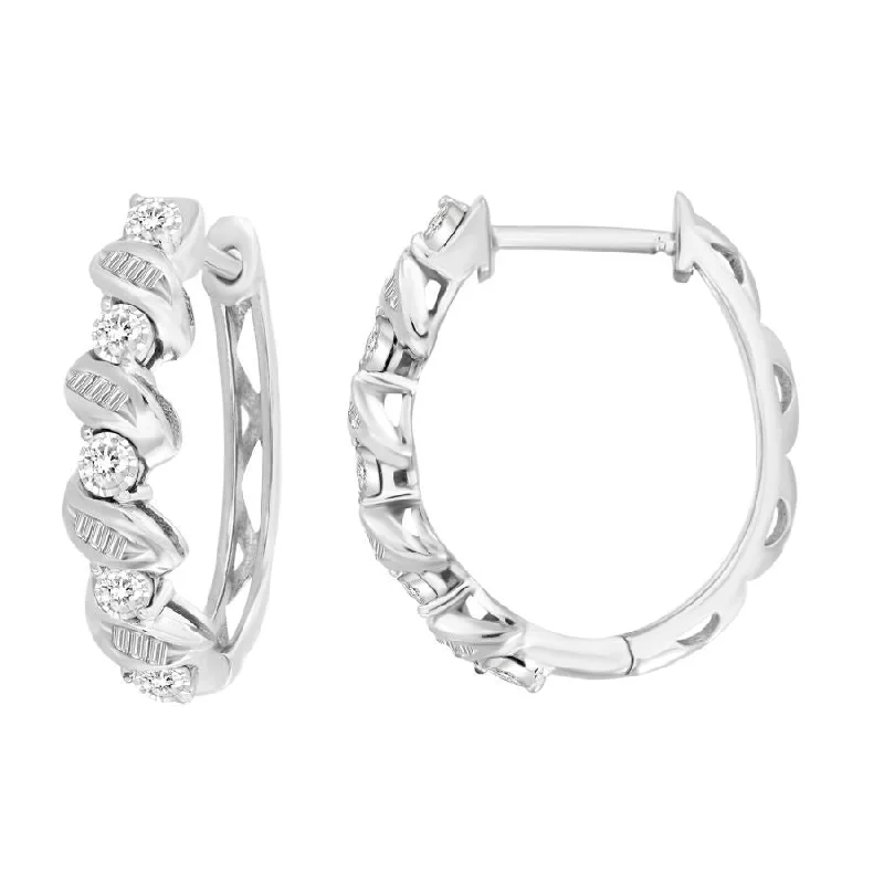 Women’s gemstone drop earrings-LADIES HOOP EARRINGS 0.25CT ROUND/BAGUETTE DIAMOND 10K WHITE GOLD