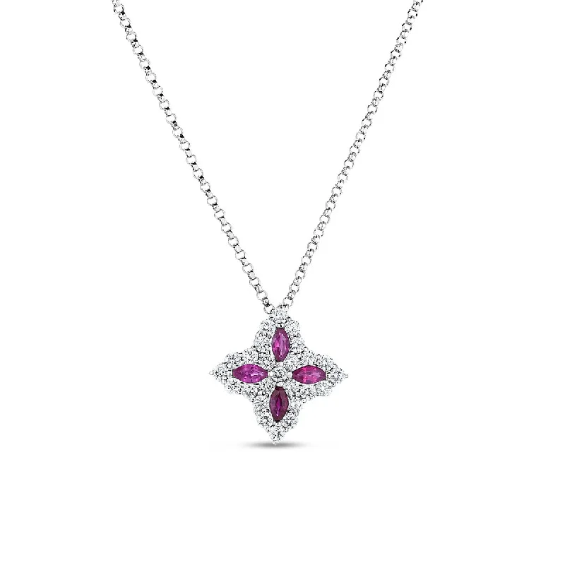 Women’s diamond necklace-Diamond and Ruby Princess Flower Medium Pendant