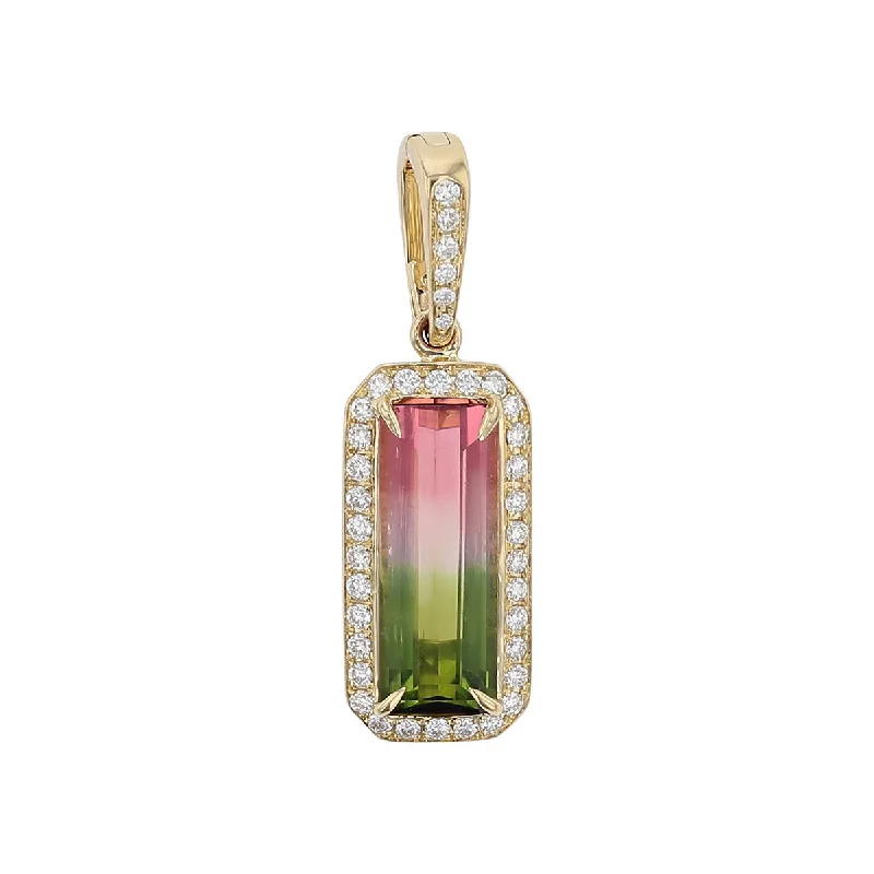 Women’s gold pendant necklace-Emerald-cut Watermelon Tourmaline and Diamond Pendant