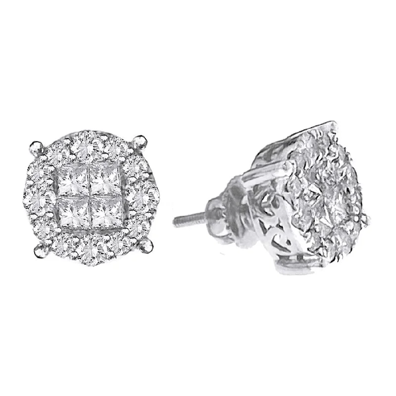 Women’s large dangle earrings-LADIES STUD EARRINGS 2.00CT ROUND/PRINCESS DIAMOND 14K WHITE GOLD