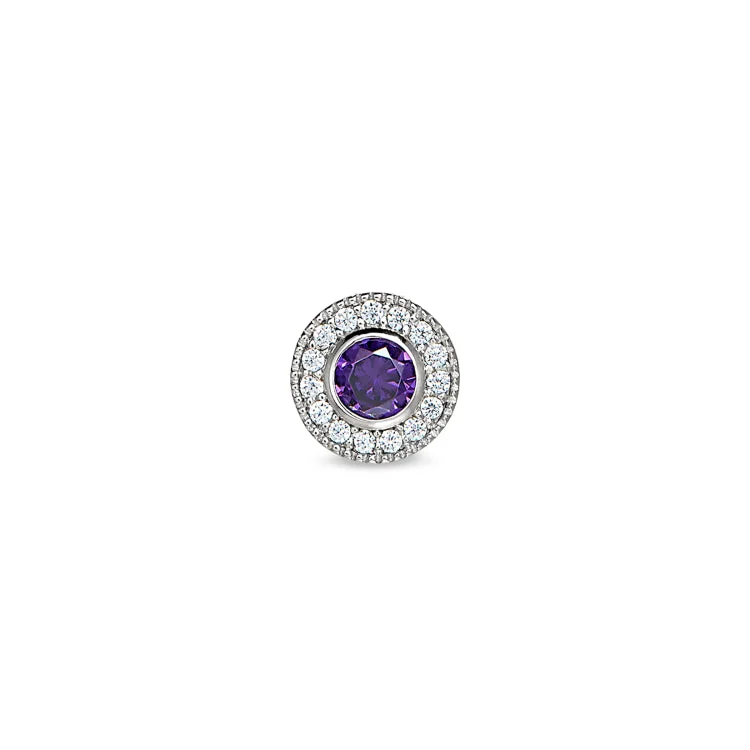 Women’s unique gemstone engagement ring-Platinum Finish Sterling Silver Micropave Round Simulated Amethyst Charm with Simulated Diamonds