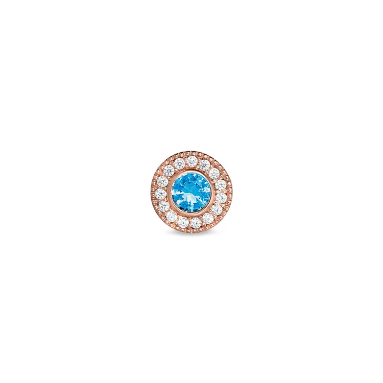 Women’s 18k gold engagement ring-Rose Gold Finish Finish Sterling Silver Micropave Round Simulated Blue Topaz Charm with Simulated Diamonds for BL2300B