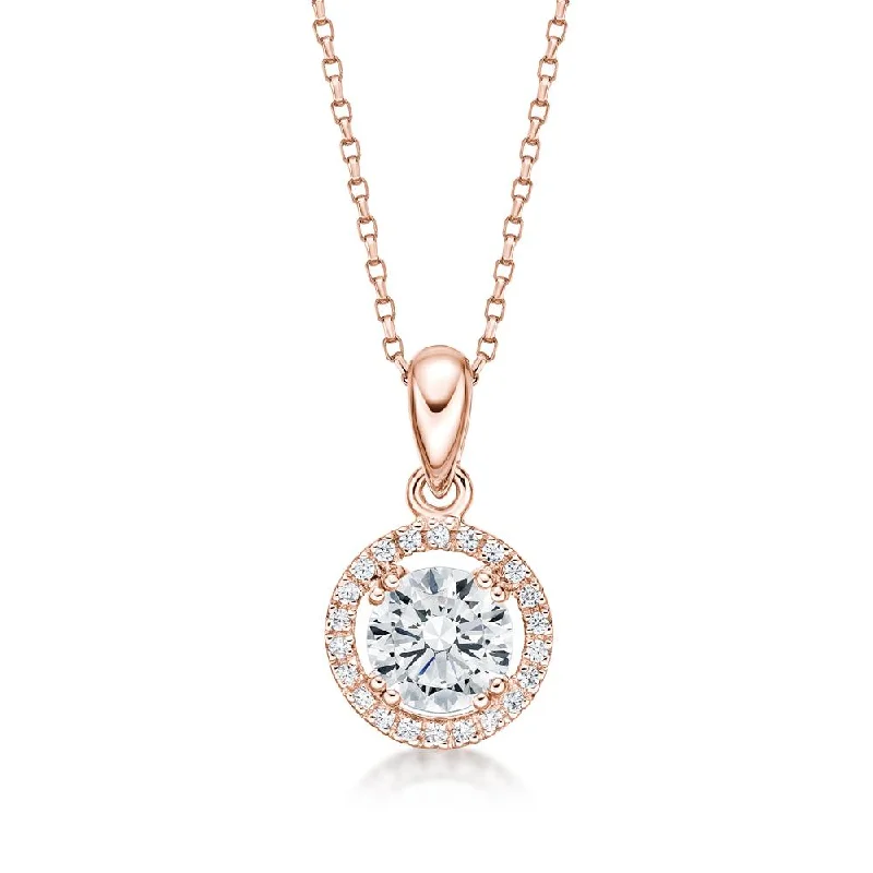 Women’s round pendant necklace-Halo pendant with 1.16 carats* of diamond simulants in 10 carat rose gold