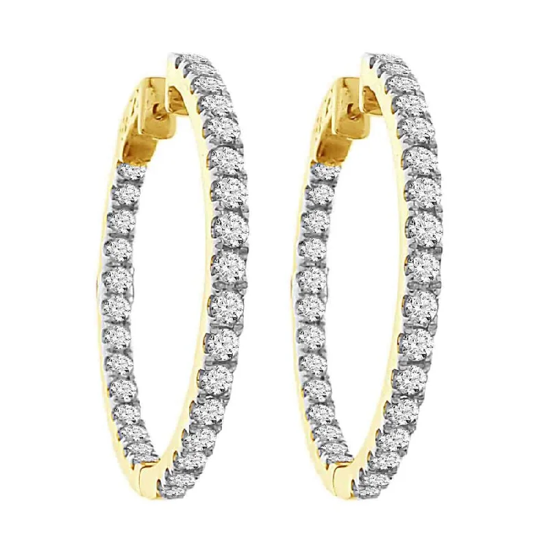 Women’s long earrings-LADIES HOOP EARRINGS 3.00CT ROUND DIAMOND 10K YELLOW GOLD