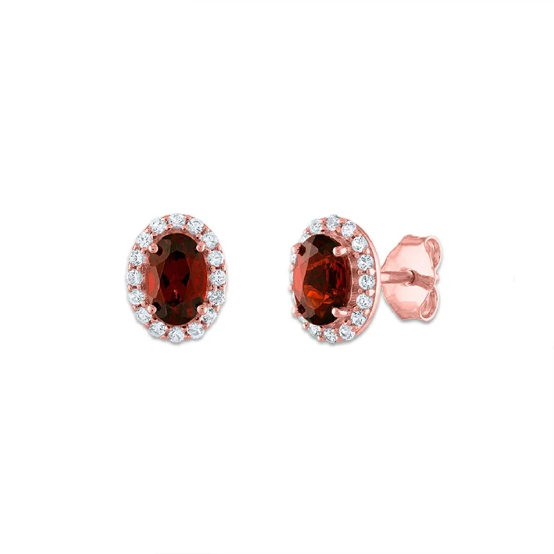 Women’s crystal earrings-6X4MM Oval Garnet and Sapphire Birthstone Halo Stud Earrings in 10KT Rose Gold