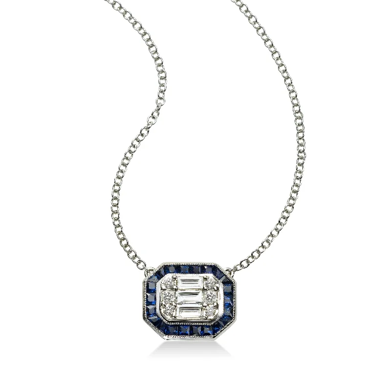 Women’s celestial necklace-Deco Style Blue Sapphire and Diamond Pendant, 18K White Gold