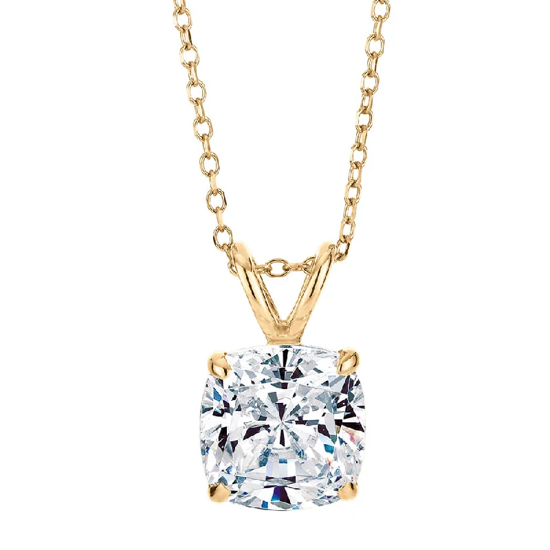 Women’s fine necklace-Cushion solitaire pendant with 2 carat* diamond simulant in 10 carat yellow gold