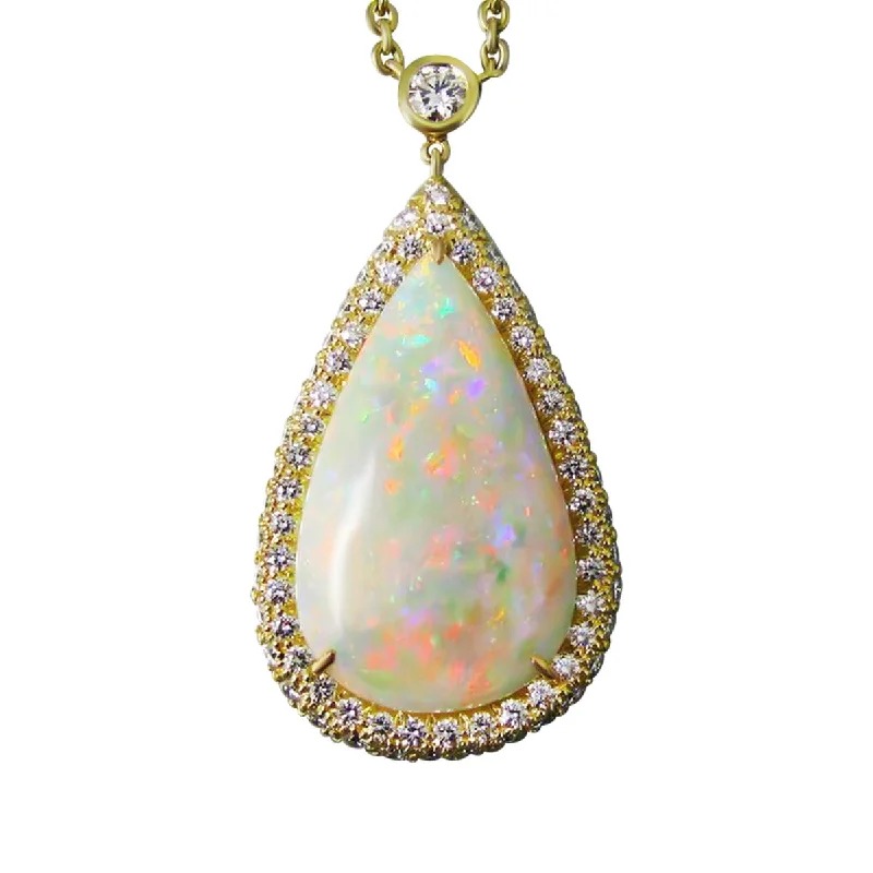 Women’s lotus necklace-18K Yellow Gold Opal Diamond Pendant