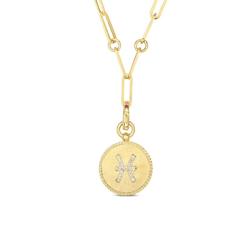 Women’s fancy necklace-18K Diamond Pisces Zodiac Medallion Pendant with Coin Edge on Paper Clip Chain