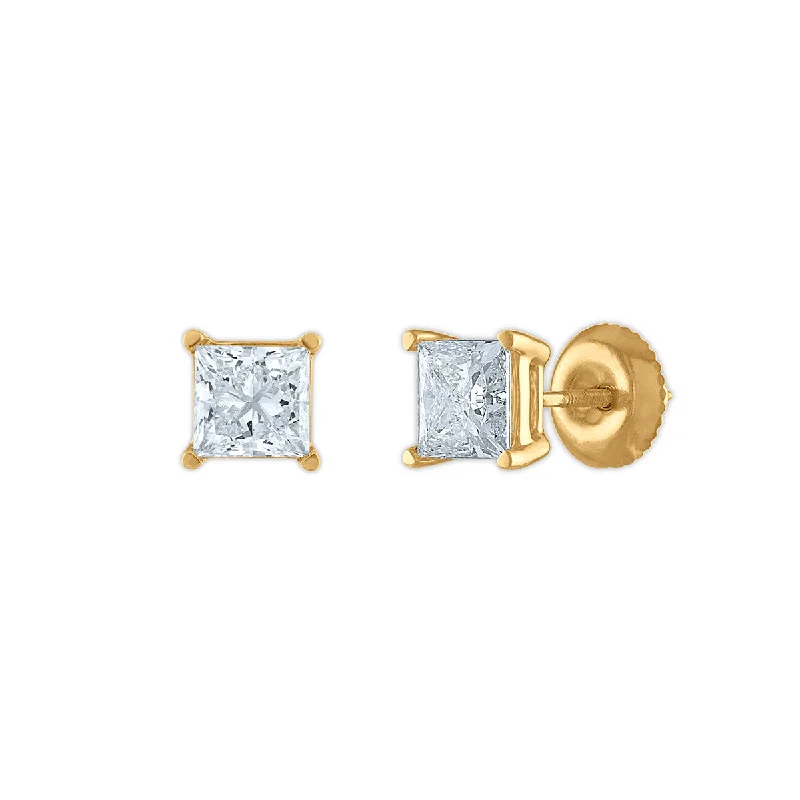 Women’s bohemian earrings-Signature Certificate EcoLove 1 1/2 CTW Princess Cut Lab Grown Diamond Solitaire Stud Earrings in 14KT Yellow Gold