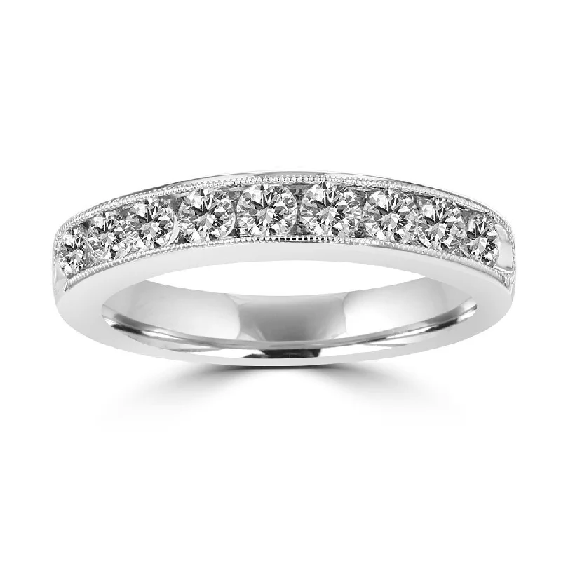 Women’s three-stone engagement ring-14KT White Gold 3/4 CTW Diamond Channel Set Milgrain Band